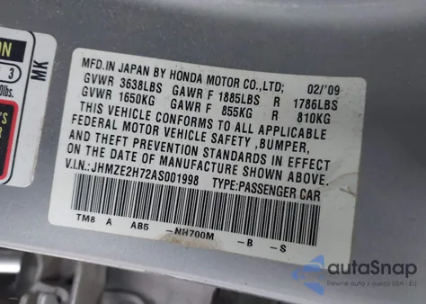 2010 Honda Insight Ex from USA, damaged, VIN JHMZE2H72AS001998